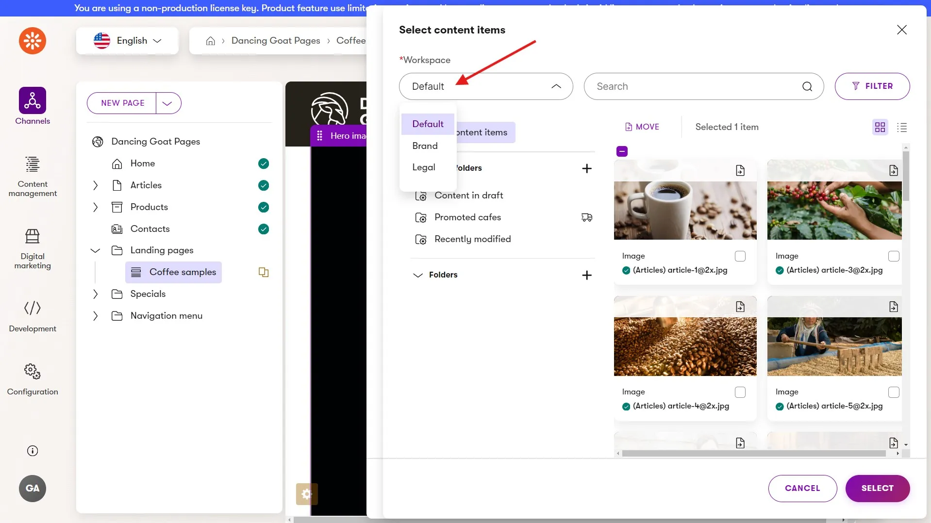 Website channel Page Builder widget content item selection with workspaces The Page Builder in the Dancing Goat website channel with widget properties dialog open for content item selection showing the workspace drop down selector.