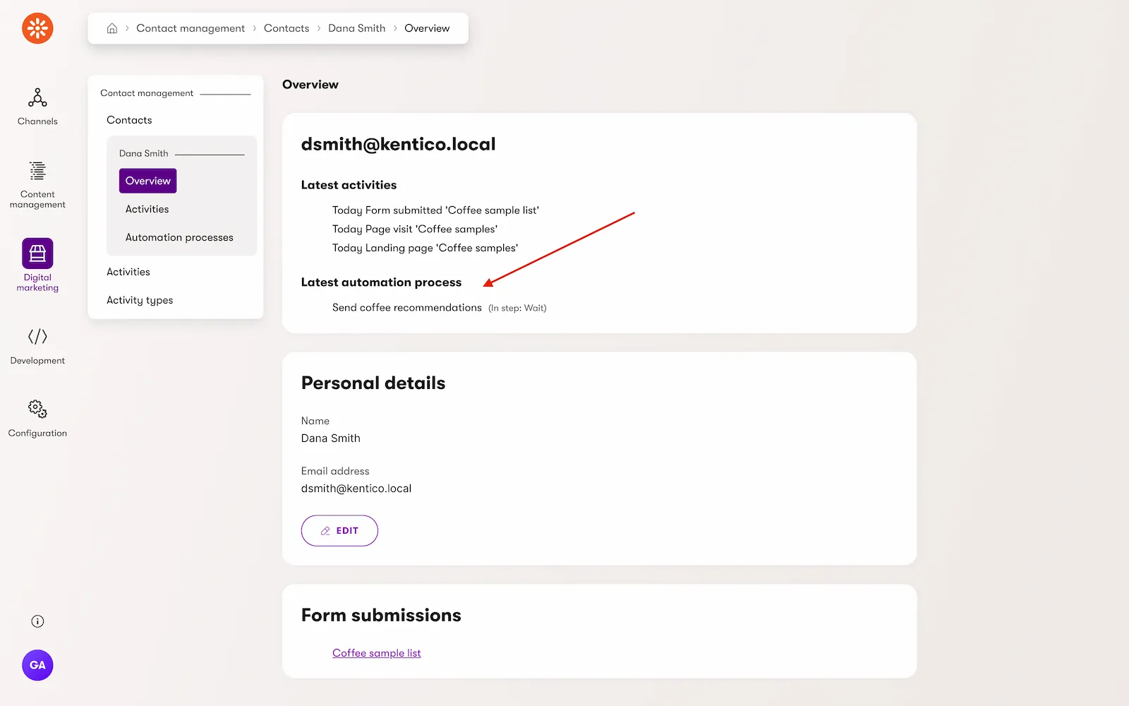 Contact details recent automations A list on the contact details screen in the Xperience administration of the most recent automations a contact has journeyed through.