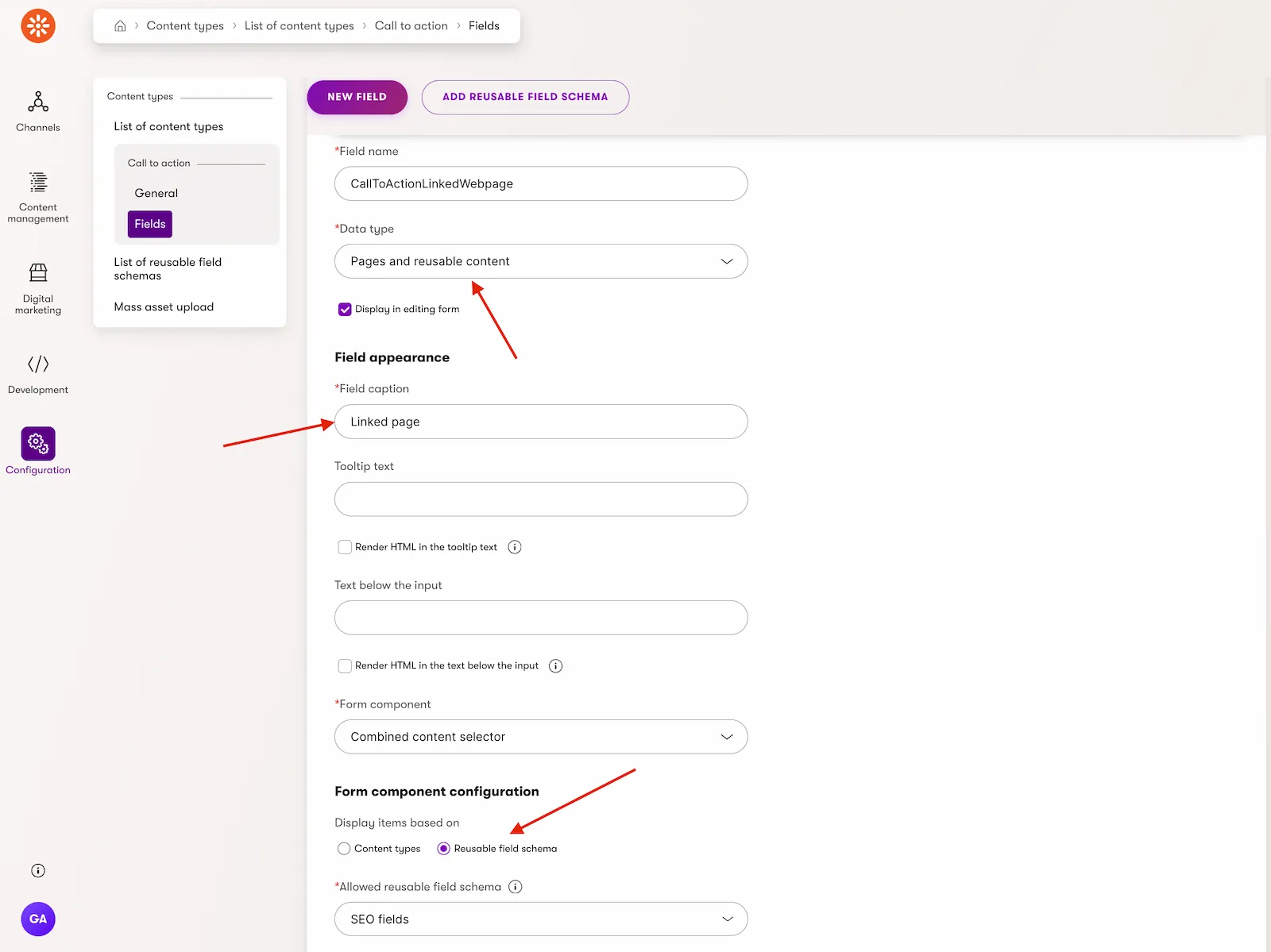 Call to action reusable content item content model A content type definition for a Call to action reusable content type with a linked web page field using the combined content selector configured for the SEO fields reusable field schema