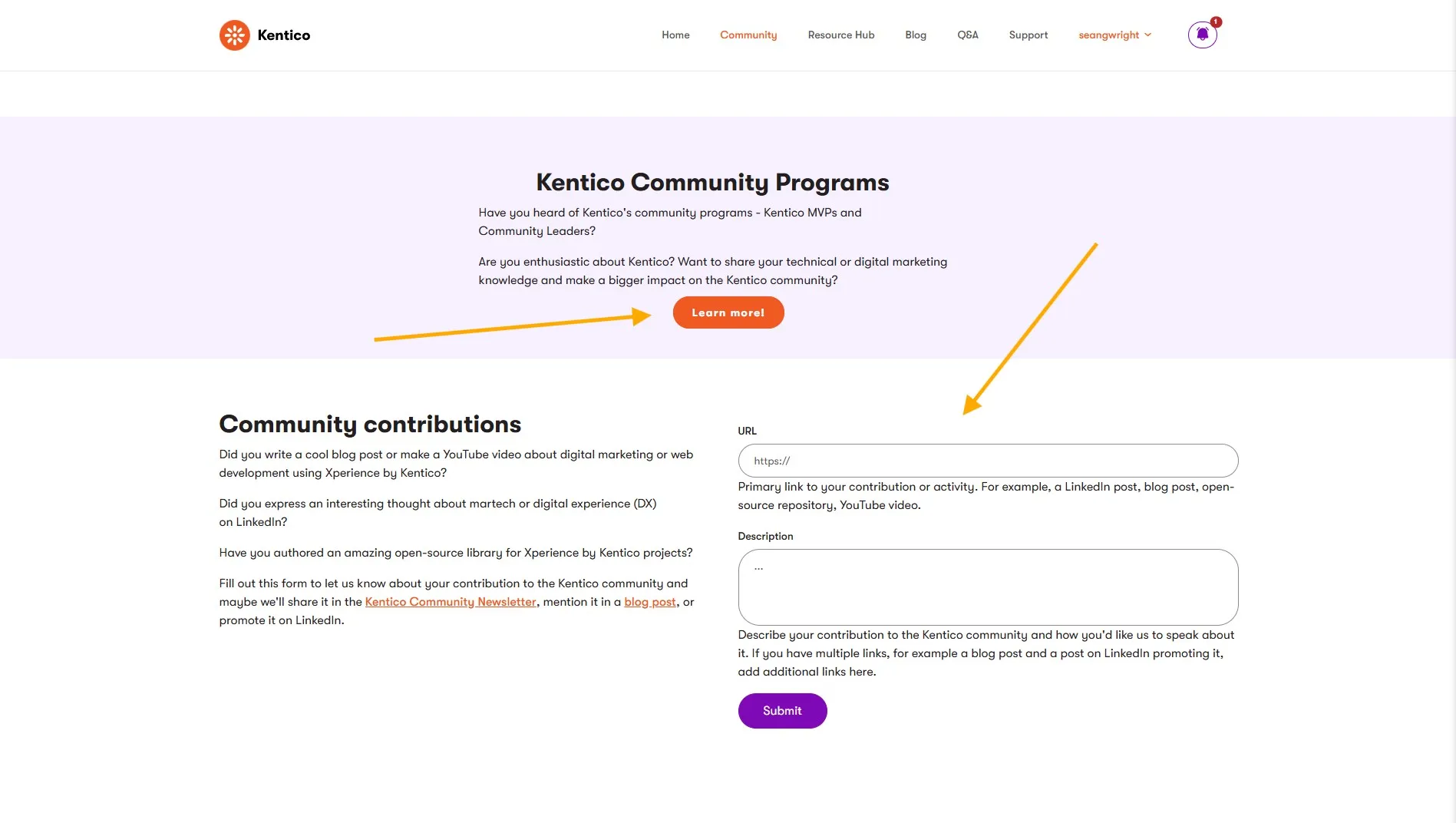 Kentico Community Portal - Community page programs and contributions The Community page of the Kentico Community Portal, highlighting the new Kentico Community Programs section and CTA and the Community contributions form