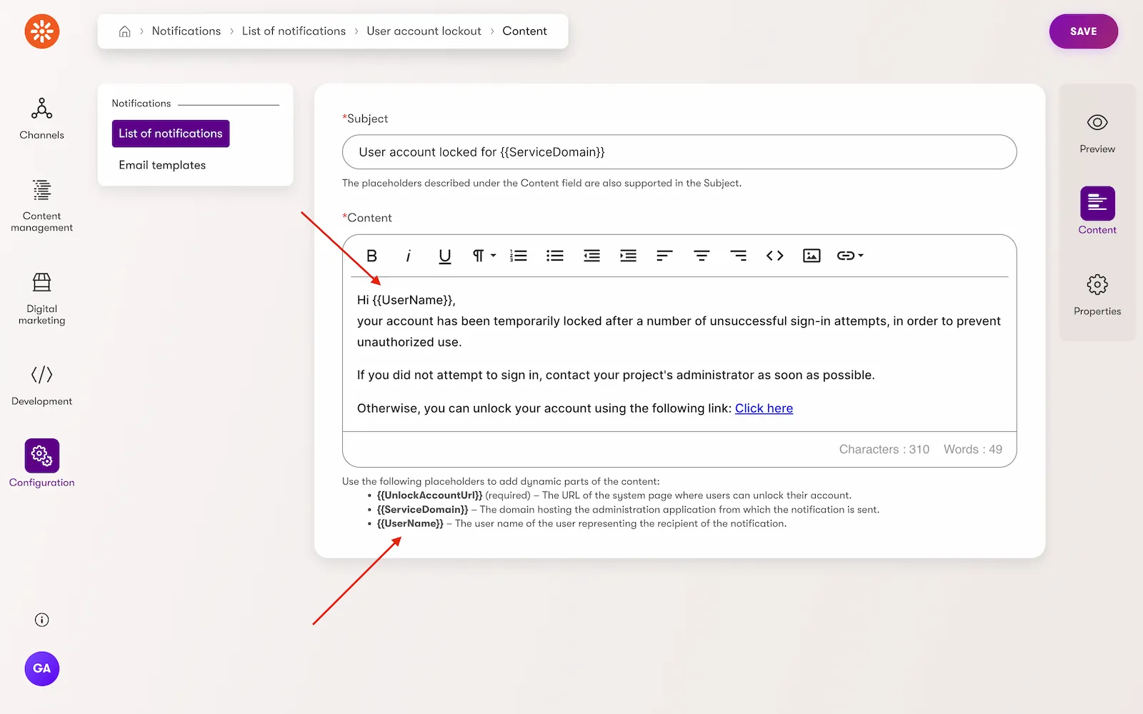 Account locked notification content The content tab of the built-in "account locked" notification, showing customizable content and tokenized values.