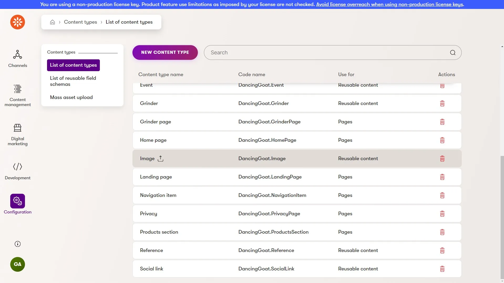 List of content types with the Image content type configured as the mass upload content type
