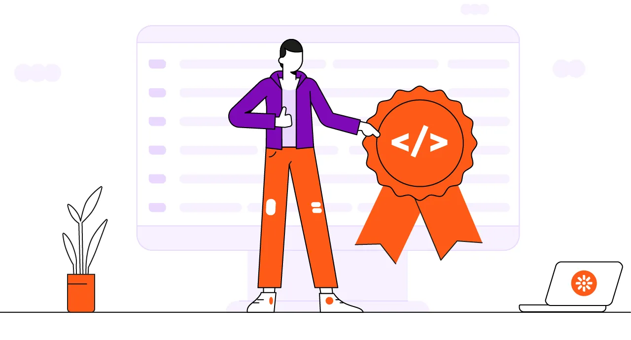 Xperience by Kentico Certified developer exam badge illustration An illustration of a developer with a certificate